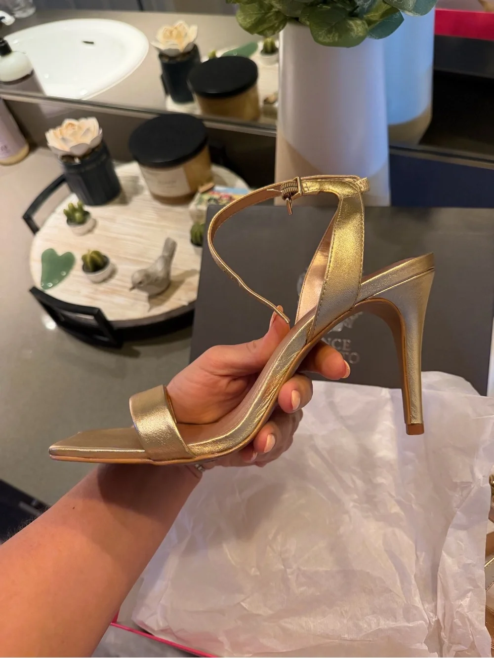Vince Camuto- Gold Women's Ankle-Strap Sandal - Elegant Metallic Dress Heel